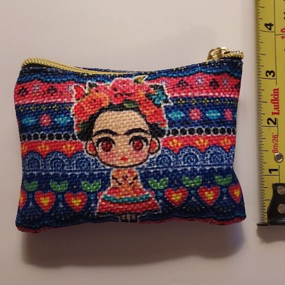 Frida Kahlo Coin Purse Makeup Bag Multi Color Zippered Blue PInk Mexico … - Picture 4 of 4